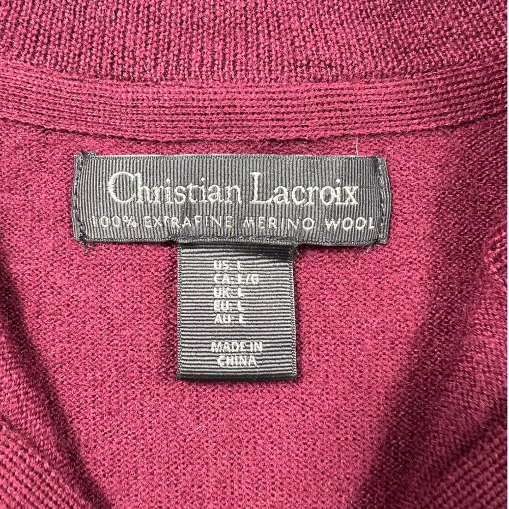 Christian Lacroix Large 100% Extrafine Merino Wool Burgundy Quarter Zip Sweater - Picture 5 of 10